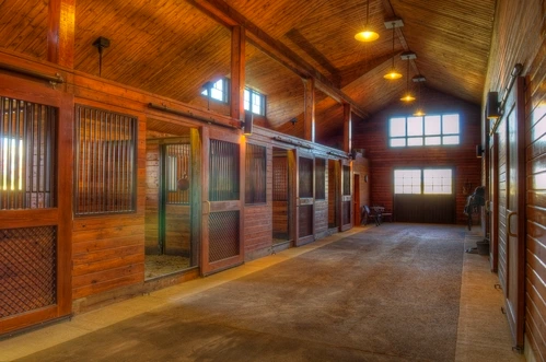 Barn aisle with rich wood stalls featuring green painted trim and mesh panels
