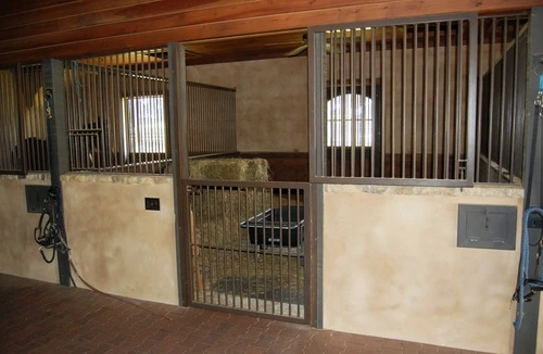 Single cream-colored stall door with vertical bars and wire mesh panel