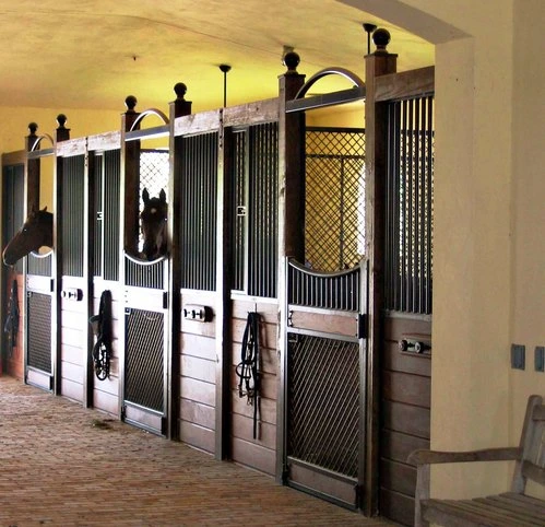 Black metal stall fronts with white painted lower panels, wire mesh doors and two black horses extending heads