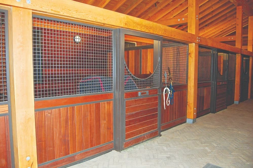 Orange powder-coated stall fronts with wire mesh upper panels and timber-frame barn construction