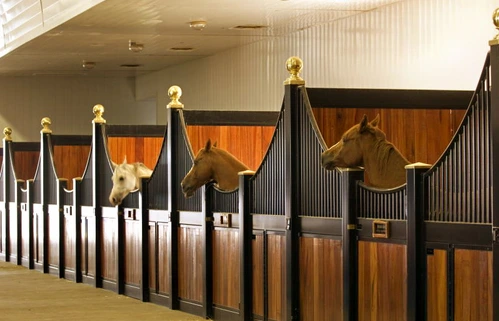 Black metal arched stall fronts with rich mahogany lower panels and decorative gold finials in luxury barn