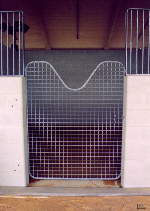 Light pink door panel with black grid mesh and curved white decorative cutout at top