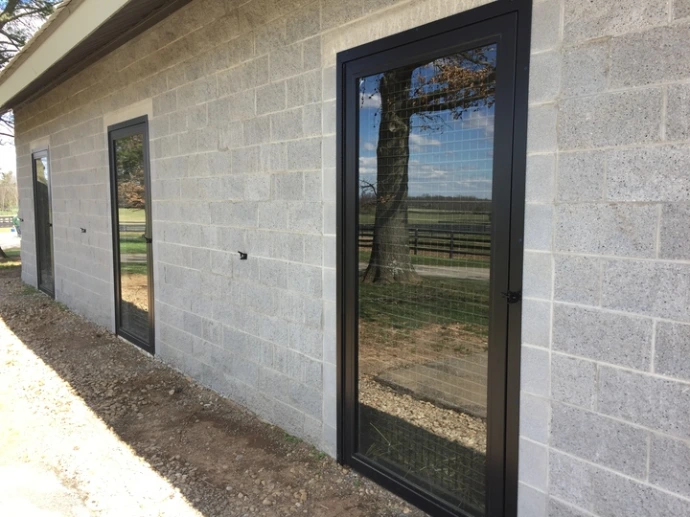 Dark gray metal door with full-length glass panel on gray concrete block wall
