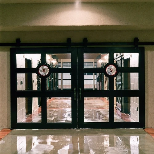 Dark green metal double doors with grid pattern glass panels under covered entrance