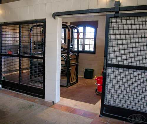 Black framed stall doors with wire mesh panels in barn aisle with white walls and tack equipment