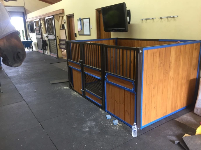 Natural pine stall fronts with blue powder-coated metal trim and wire mesh panels along barn aisle
