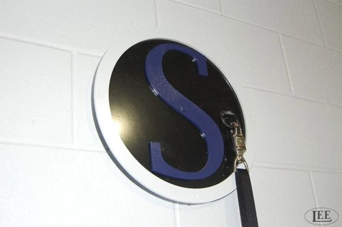Close-up of circular brushed stainless steel medallion with letter "S" in blue mounted on white wall